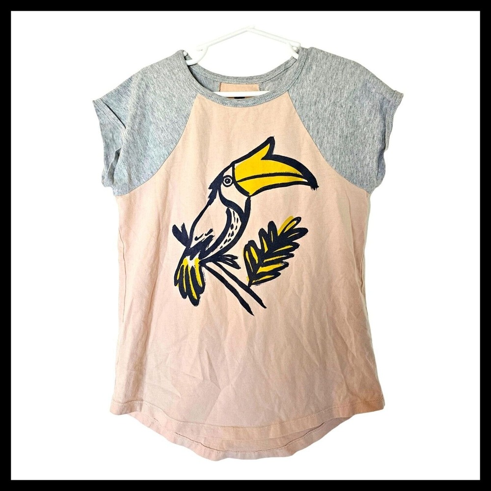 Tea Collection Girl Toucan Tropical Bird Ragland Shirt Top Size 8 Cream Gray